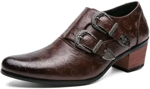 Dress Oxford for Men Slip On Double Monk Strap Carving Hight Heel Vegan Leather Non Slip Resistant Block Heel Rubber Sole Anti-Slip Outdoor