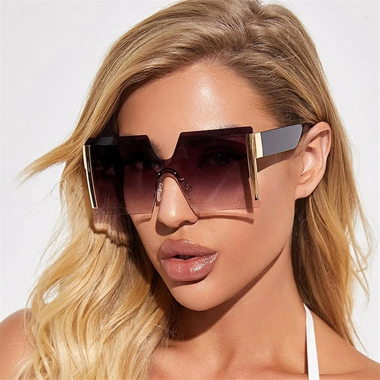 Fashion Oversized Square Rimless Sunglasses Women Flat Top Big Sun Glasses Female One Piece Travel Gafa (Color : 03, Size
