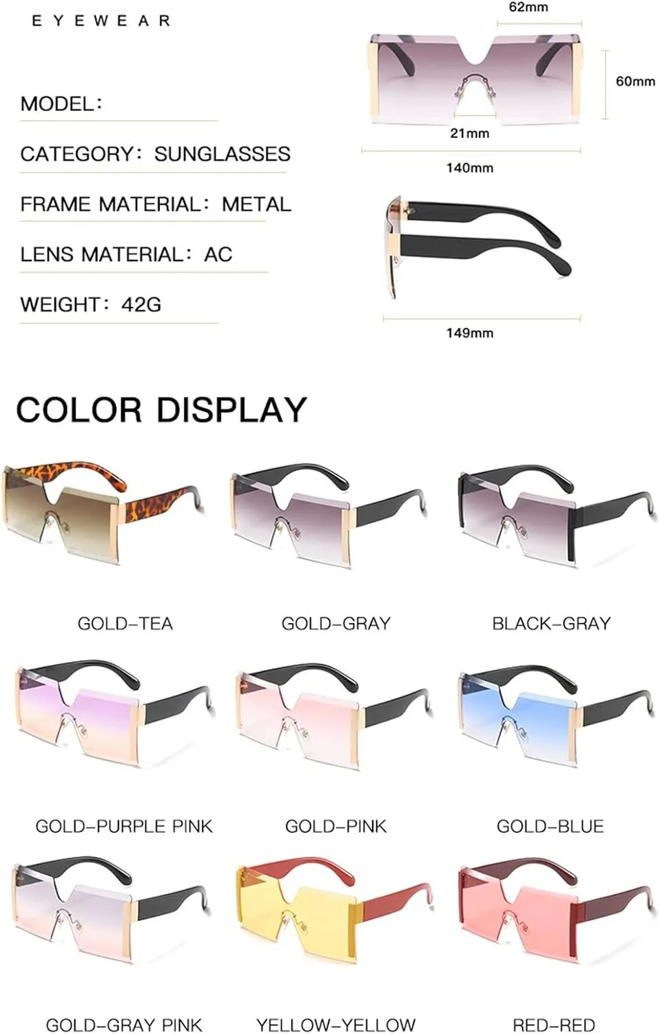 Fashion Oversized Square Rimless Sunglasses Women Flat Top Big Sun Glasses Female One Piece Travel Gafa (Color : 03, Size
