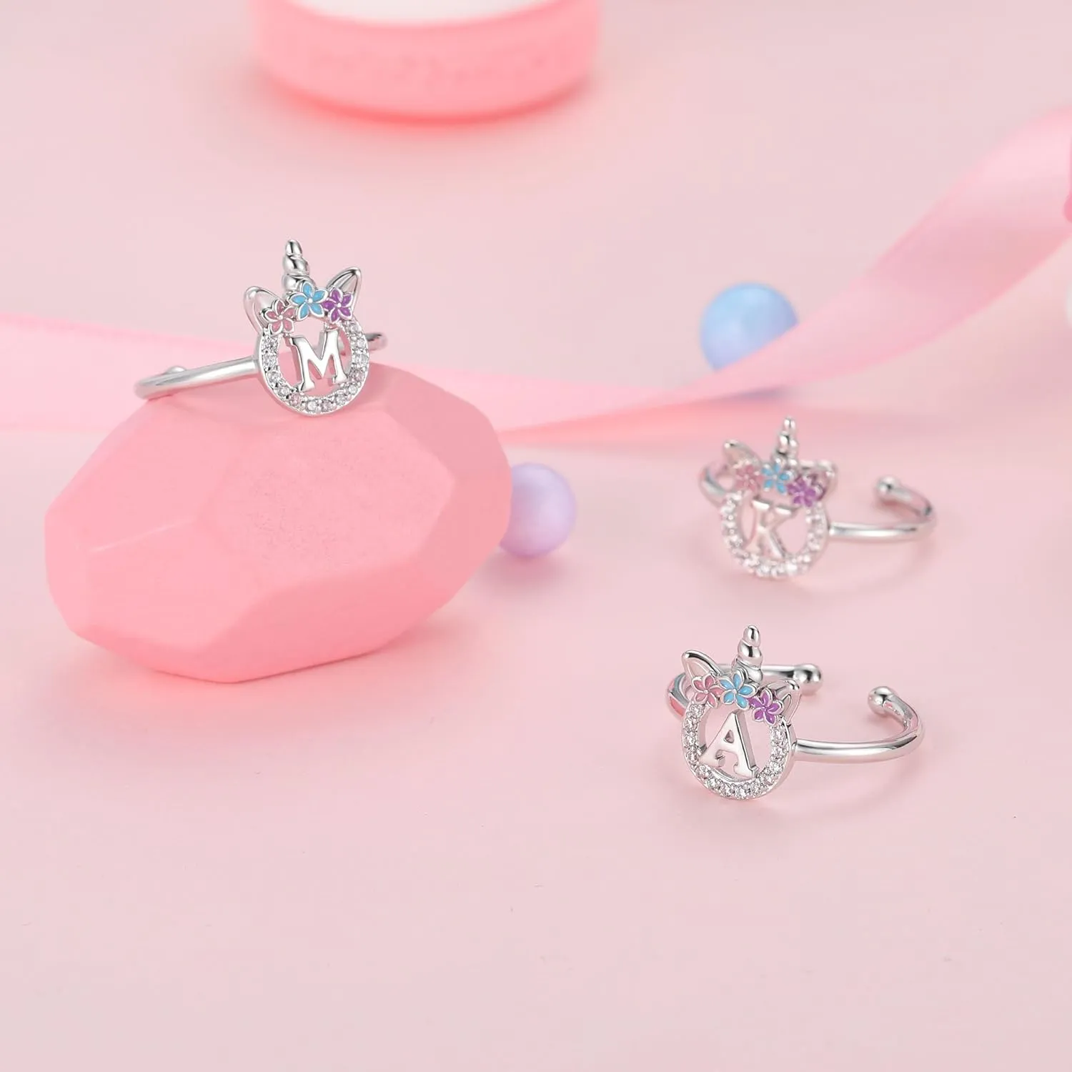 Initial Rings for Teen Girls - 14K Gold/White Gold/Rose Gold Plated Adjustable Unicorn Letter Rings for Girls