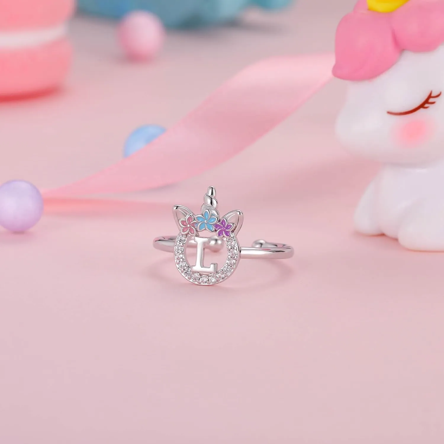 Initial Rings for Teen Girls - 14K Gold/White Gold/Rose Gold Plated Adjustable Unicorn Letter Rings for Girls