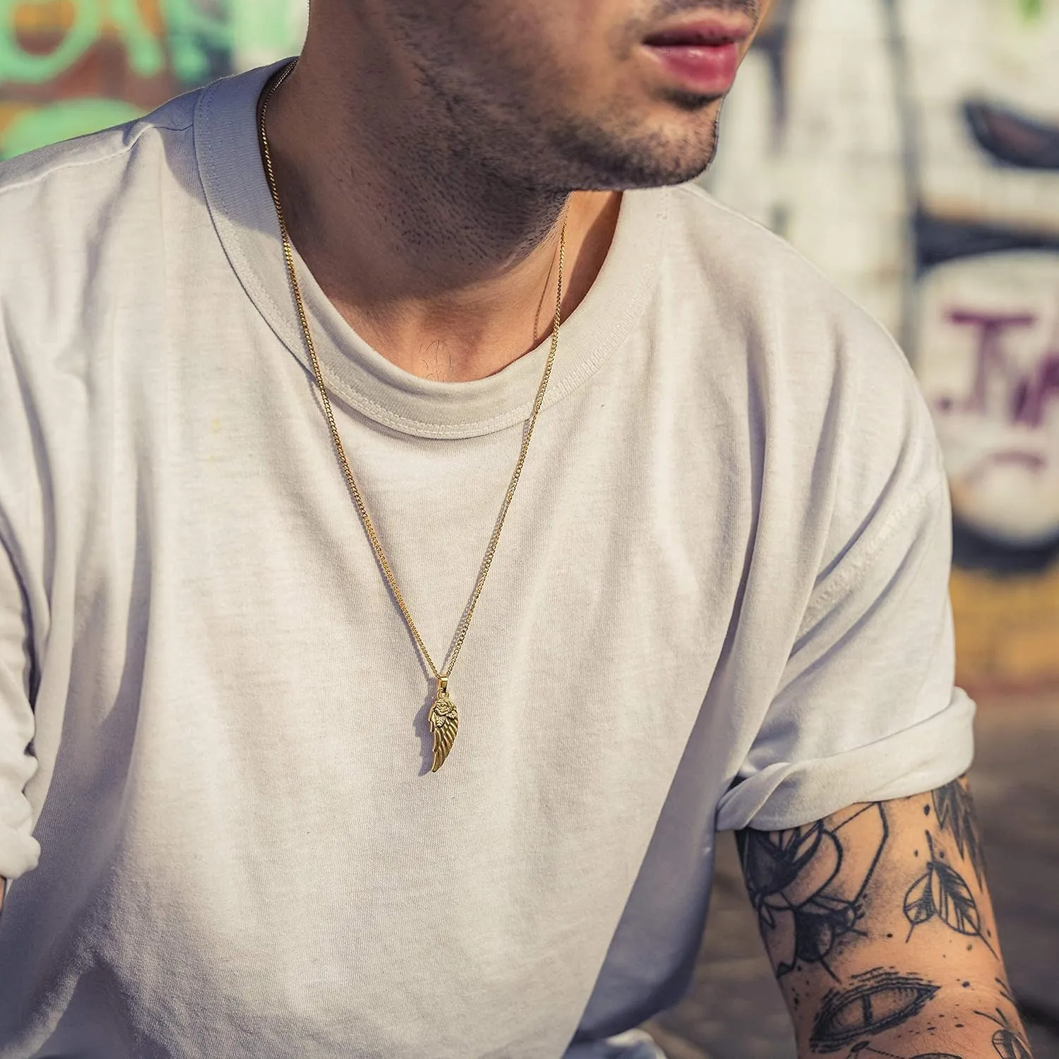 Made by Nami Pendant Necklace for Men 23" Gold & Silver Cuban Link Chain with Pendants for Men High-Quality Stainless Steel Necklace Premium Jewelry Gift for Him (Gold Wing)