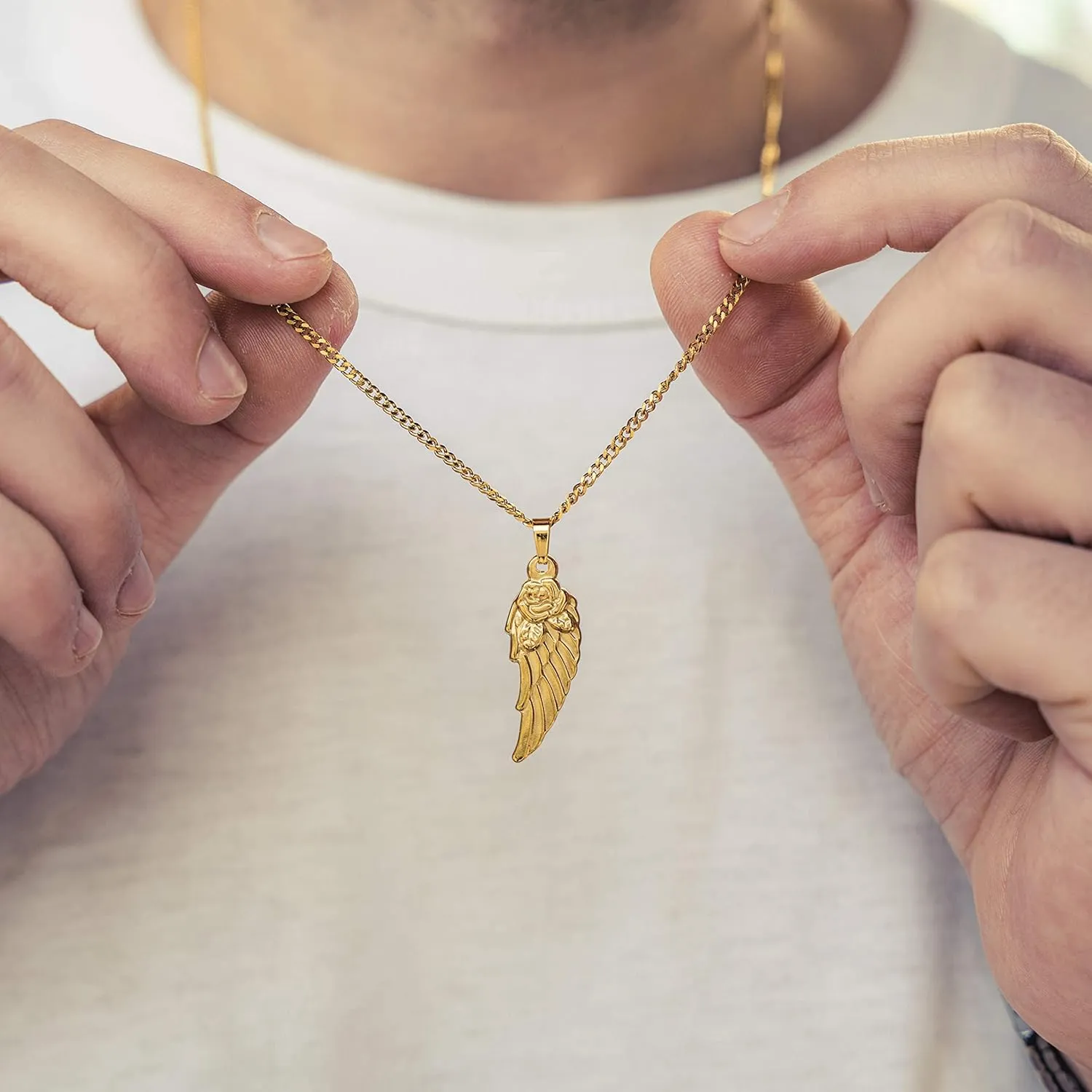 Made by Nami Pendant Necklace for Men 23" Gold & Silver Cuban Link Chain with Pendants for Men High-Quality Stainless Steel Necklace Premium Jewelry Gift for Him (Gold Wing)