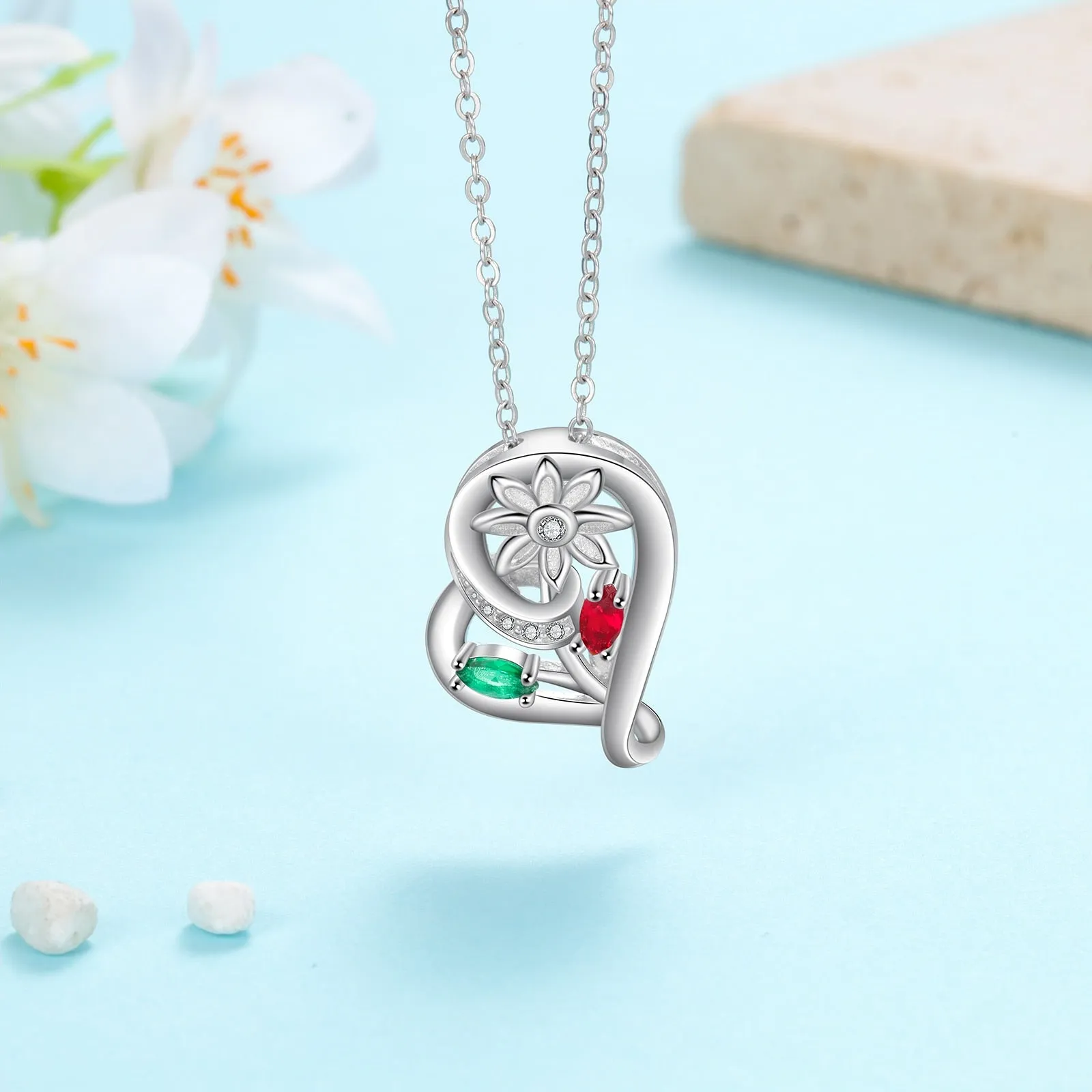 New Personalized Sunflower Pendant with Name Engraving Custom 2 Birthstone Heart Necklaces for Women Gifts