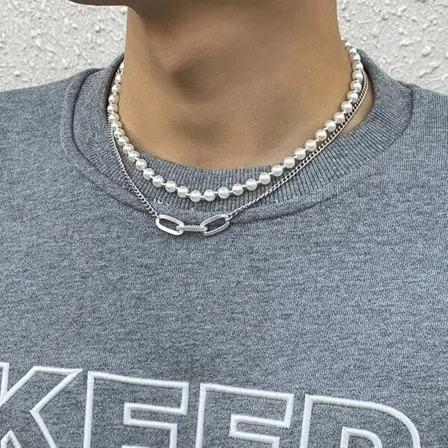 Pearl Necklace for Men Faux Pearl Necklace Mens Pearl Necklace Layered Link Chain Necklace Pearl Chain Necklace Trendy Pearl Jewelry Gifts for Boyfriend/Husband/Friends