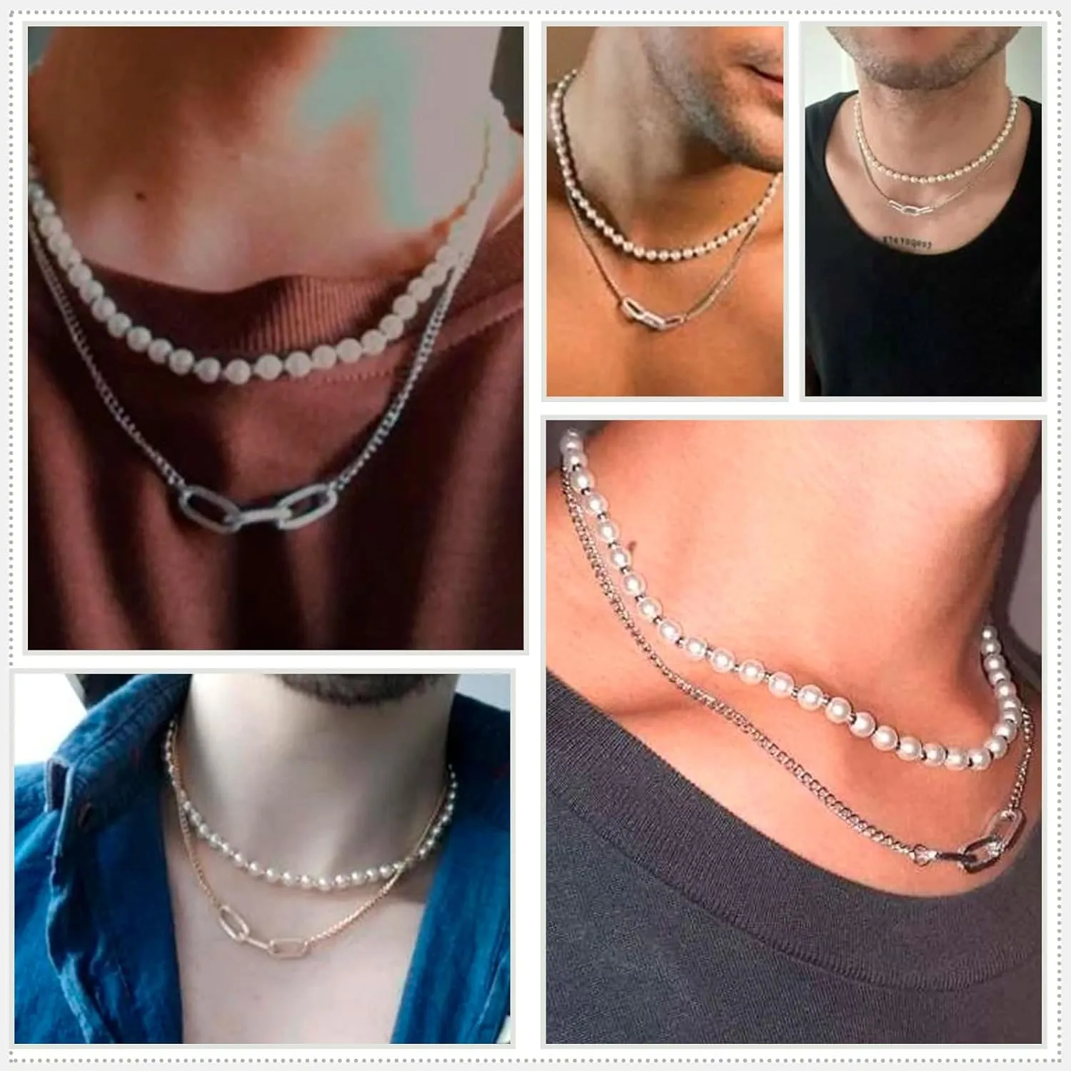 Pearl Necklace for Men Faux Pearl Necklace Mens Pearl Necklace Layered Link Chain Necklace Pearl Chain Necklace Trendy Pearl Jewelry Gifts for Boyfriend/Husband/Friends