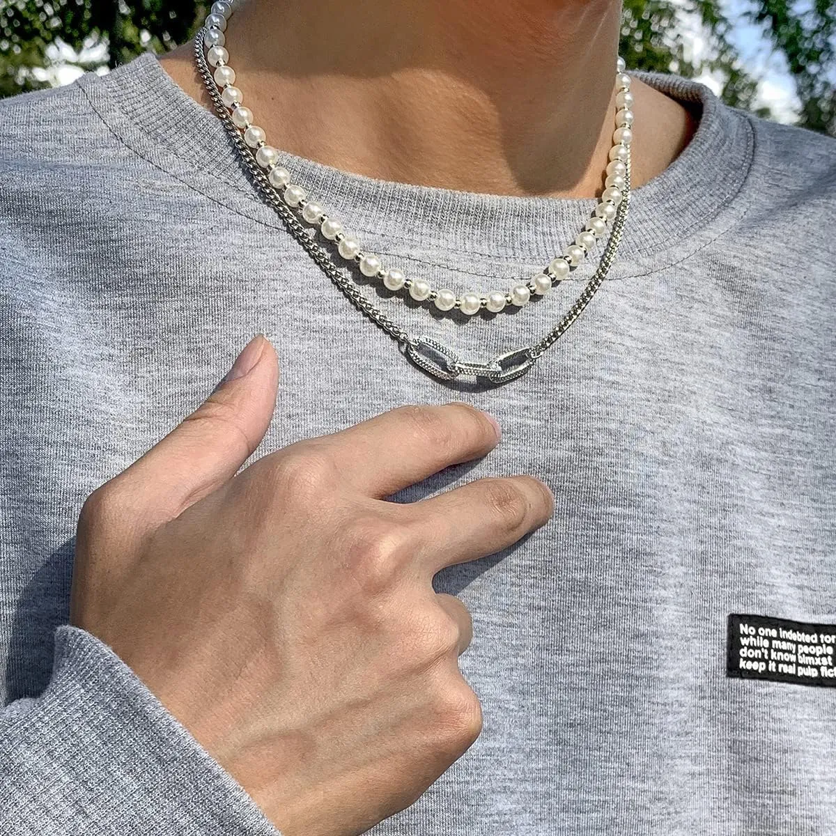 Pearl Necklace for Men Faux Pearl Necklace Mens Pearl Necklace Layered Link Chain Necklace Pearl Chain Necklace Trendy Pearl Jewelry Gifts for Boyfriend/Husband/Friends