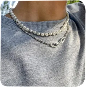 Pearl Necklace for Men Faux Pearl Necklace Mens Pearl Necklace Layered Link Chain Necklace Pearl Chain Necklace Trendy Pearl Jewelry Gifts for Boyfriend/Husband/Friends