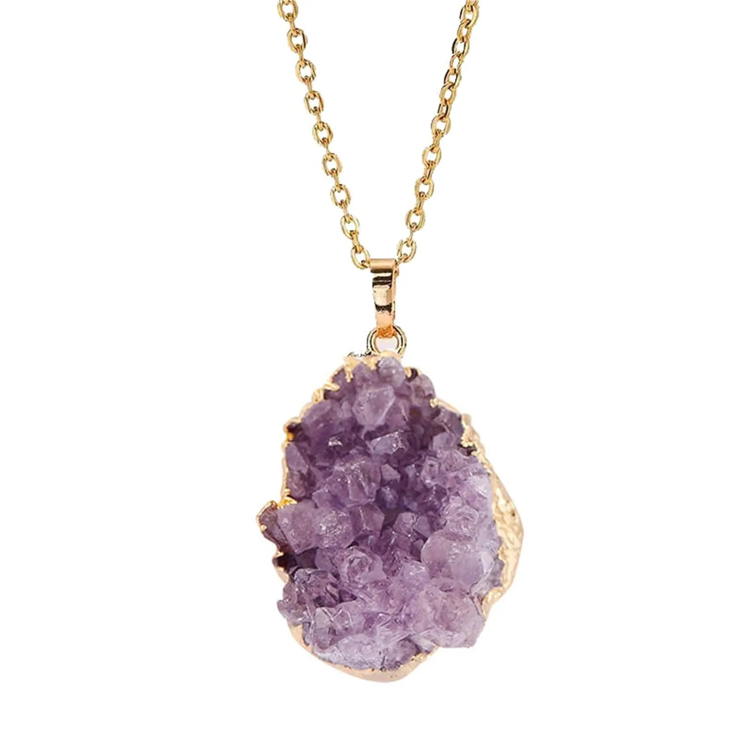 Raw Amethyst Healing Crystal Stone Necklaces for Women Men Healing Crystal Necklace Rregular Amethyst Cluster Druzy Pendant Necklaces Reiki Spiritual Quartz Gemstone Jewelry (Purple)