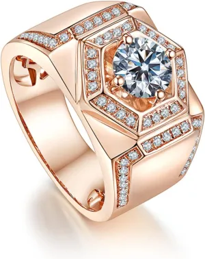 Rose Gold Rings Men's 18K Gold-Plated Sterling Silver Band One Carat Trendy Domineering Moissanite Hip Hop Ring