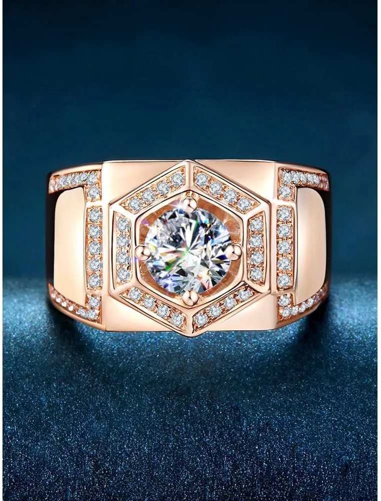 Rose Gold Rings Men's 18K Gold-Plated Sterling Silver Band One Carat Trendy Domineering Moissanite Hip Hop Ring