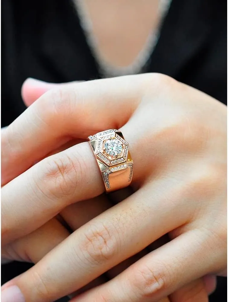 Rose Gold Rings Men's 18K Gold-Plated Sterling Silver Band One Carat Trendy Domineering Moissanite Hip Hop Ring