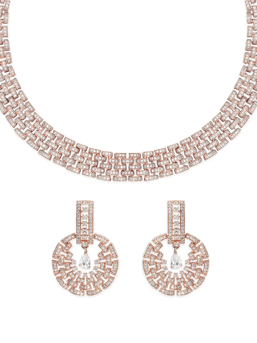 Rubans Rose Gold Plated Zirconia Stone Studded Necklace Set.