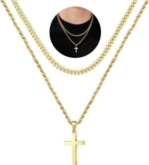 Yooblue Cross Necklace for Men, Gold Black Silver Mens Cross Necklaces Stainless Steel Cross Pendant Necklace Simple Jewelry Gifts Cross Chain Necklace for Men