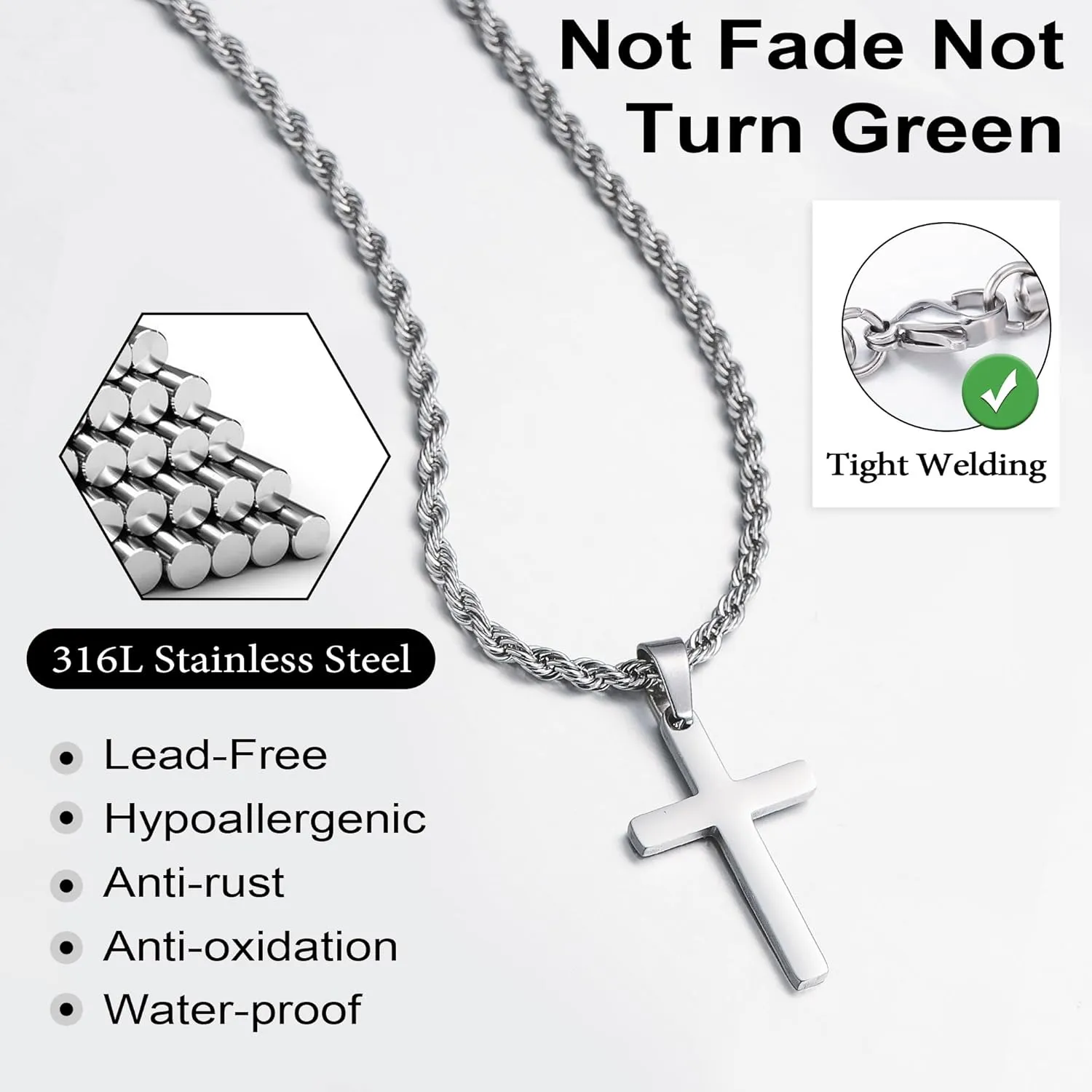 Yooblue Cross Necklace for Men, Gold Black Silver Mens Cross Necklaces Stainless Steel Cross Pendant Necklace Simple Jewelry Gifts Cross Chain Necklace for Men