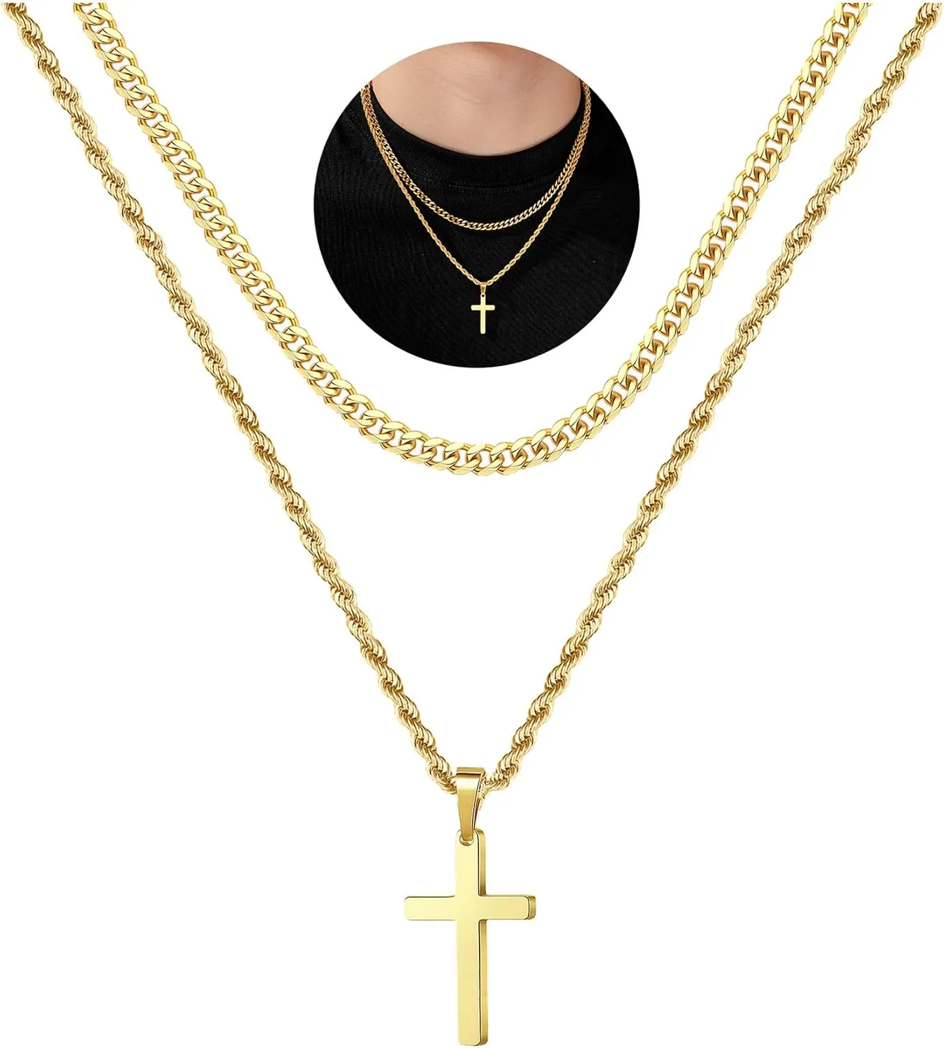 Yooblue Cross Necklace for Men, Gold Black Silver Mens Cross Necklaces Stainless Steel Cross Pendant Necklace Simple Jewelry Gifts Cross Chain Necklace for Men